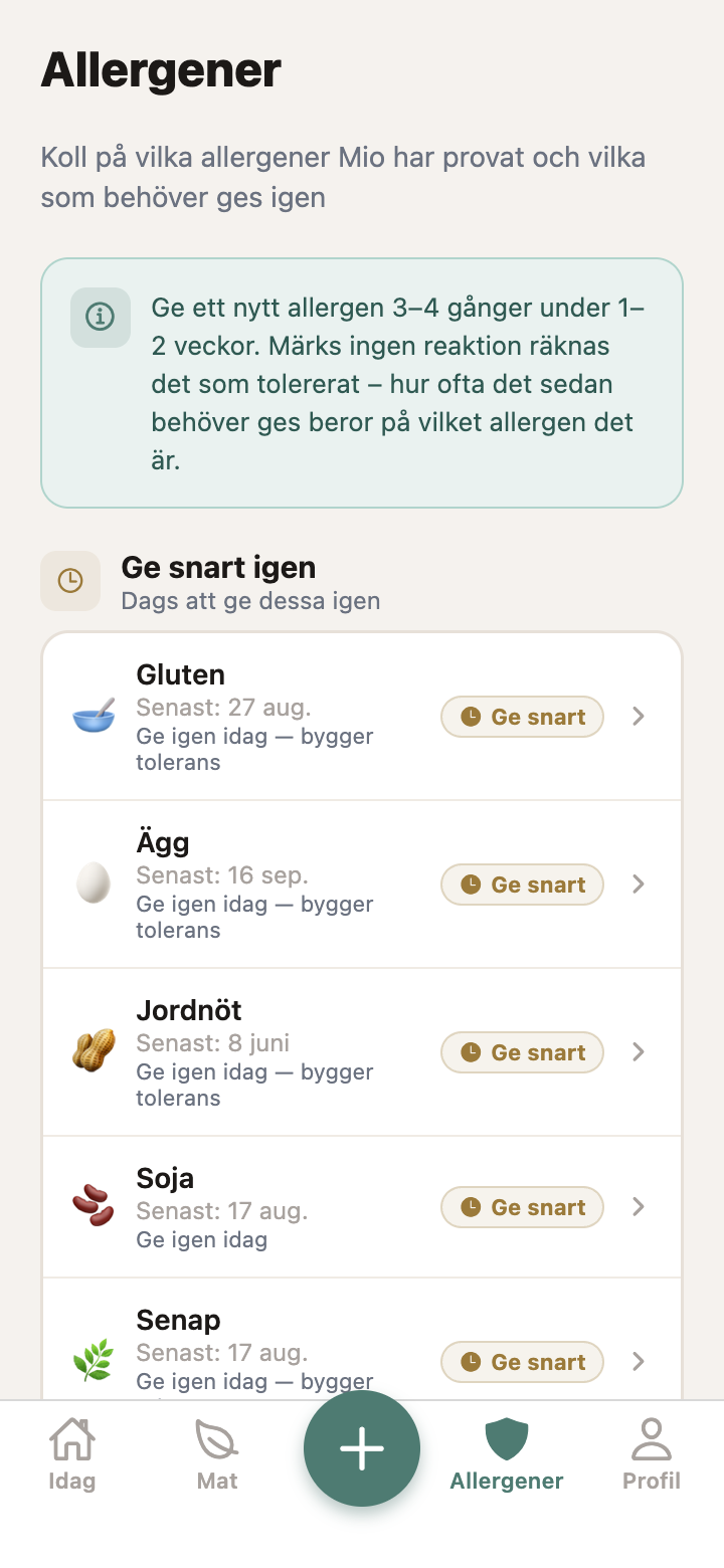 Allergenöversikt i Smakstart som visar vilka allergener som ska ges snart
