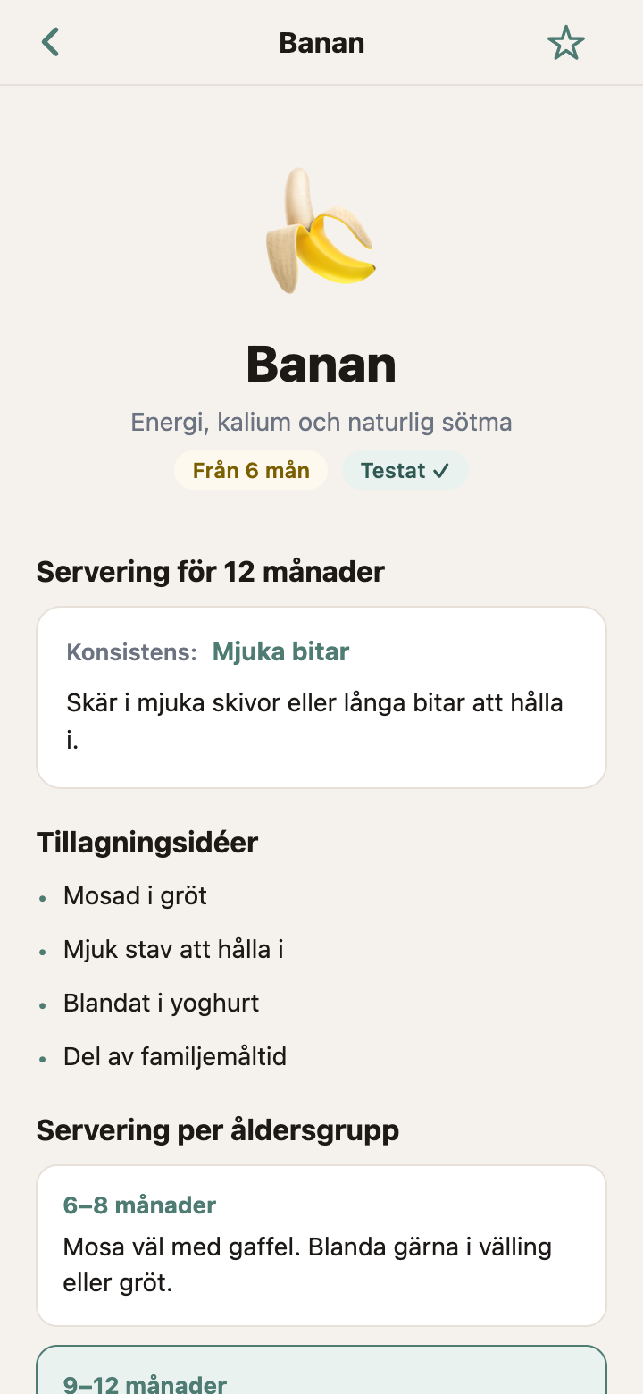 Detaljsida för ett livsmedel i Smakstart med serveringstips per åldersgrupp