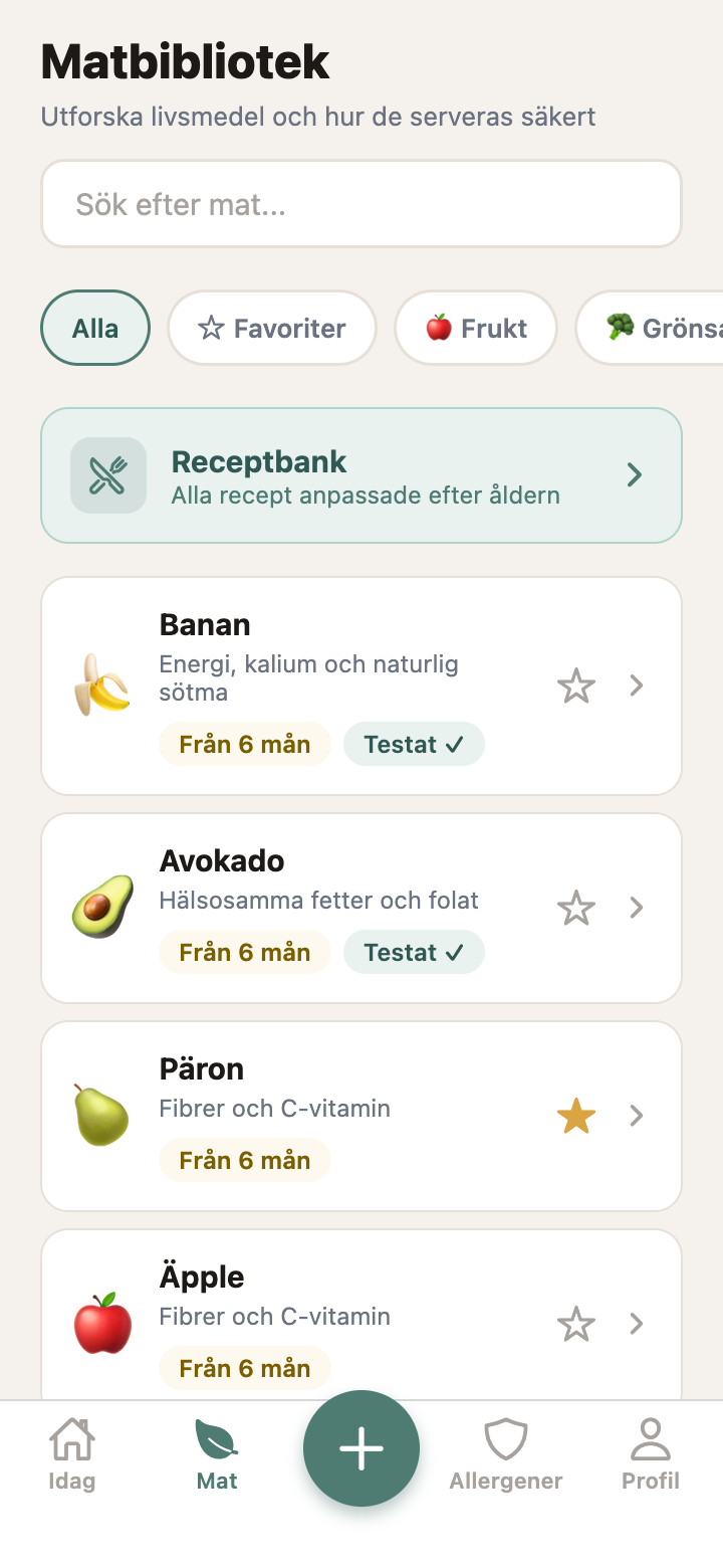 Smakstarts matbibliotek med sökbara livsmedel och favoriter